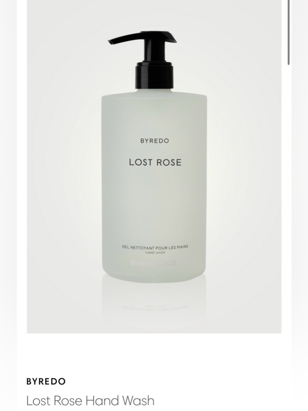 Byredo Lost Rose Hand Wash - Frosted Pale Seafoam with Black Pump